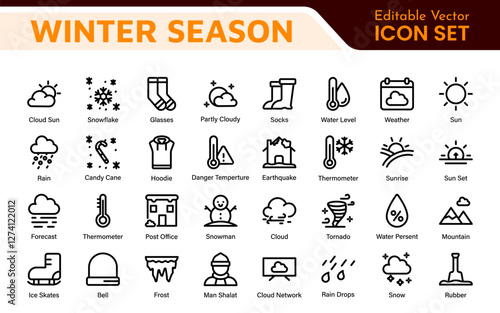 Winter Icon Set. A cozy collection of icons capturing the essence of the winter season, perfect for enhancing holiday-themed projects, seasonal promotions, and winter sports applications.