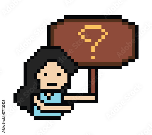 Cute pixel cartoon character woman with question mark decoration 8 bit female girl lady confused idea question mark think questionnaire choose cartoon pixel game 8bit png vector.