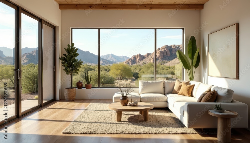 Fototapeta premium Bright Arizona living room, large windows, modern farmhouse aesthetic, peaceful atmosphere , relaxing, natural light