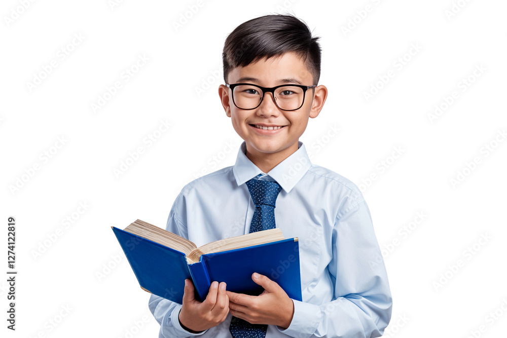Young schoolboy holding book, wearing glasses, isolated on transparent background Young schoolboy holding book, wearing glasses, isolated on transparent background