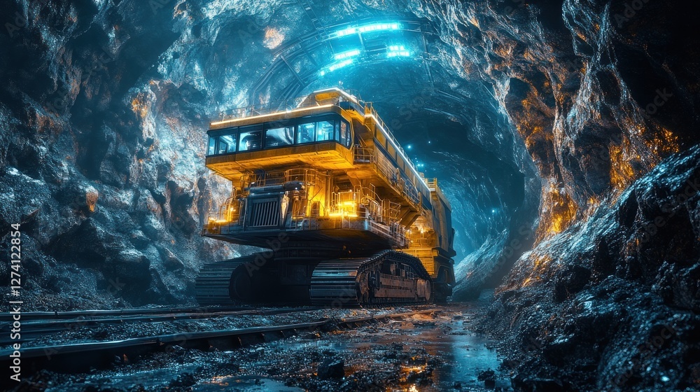 Deep Mining Operation: Futuristic Excavation Machine in Underground Tunnel Deep Mining Operation: Futuristic Excavation Machine in Underground Tunnel