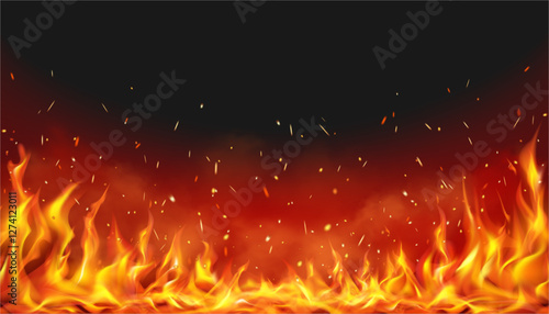 Sparks and tongues of flames. Vector realistic blazing fire with ignition and blaze. Light burning bonfire or dangerous catastrophe flashes. Combustion effect or explosion scene design