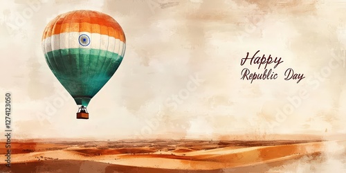 A captivating watercolor rendering of a hot air balloon adorned with India's national colors: vibrant greens, whites, and oranges. The scene features a striking white stripe along its left edge, creat photo