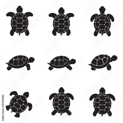 Vector black silhouette set of a turtle isolated on a white background