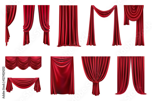 Cinema or theater red velvet curtains for stage or scene. Vector in realistic style, isolated set of classic decoration for interior, luxury drapes for dramatic entrance or movie presentation