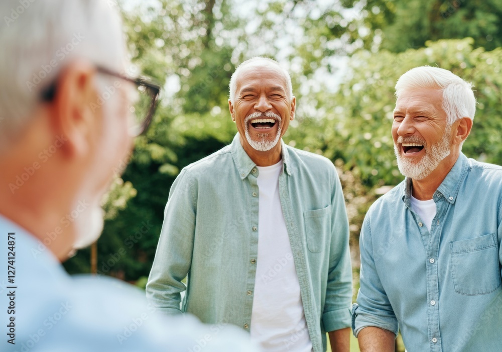 Three joyful senior men laughing together in a sunny garden setting Three joyful senior men laughing together in a sunny garden setting