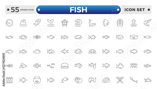 Fish outline icon. Sea creatures line icon set.  Maritime concept. Shell, turtle, fish, whale. Vector illustration can be used for topics like sea, ocean. Editable stroke outline icon. 
