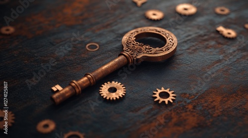 Antique brass key on textured copper surface with decorative gears photo