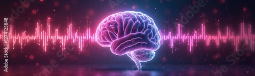 Illustration of human brain with waveform. Pink brain highlighted on dark violet background. Brainwave, neurological activity. Memory enhancement, brain science concept. AI-generated image shows
