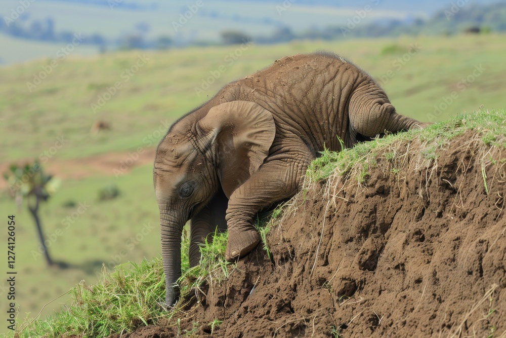 Fototapeta premium Elephant walking on grassy hill in a natural habitat during the daytime showcasing its majestic presence