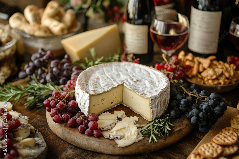 Gourmet cheese and wine surrounded by fresh grapes and herbs Gourmet cheese and wine surrounded by fresh grapes and herbs