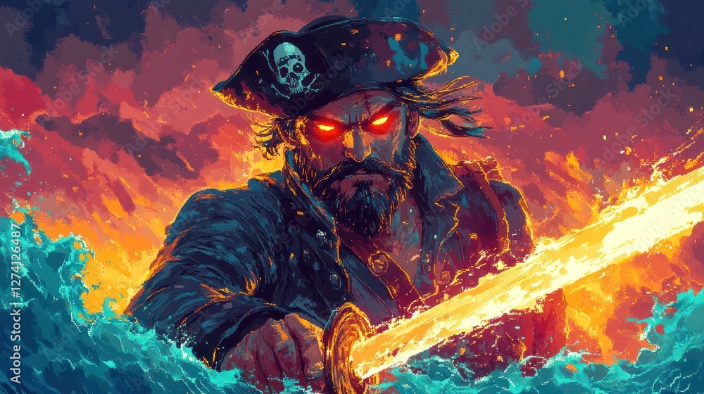 Fototapeta premium A pixel pirate captain with a glowing sword, stormy ocean background