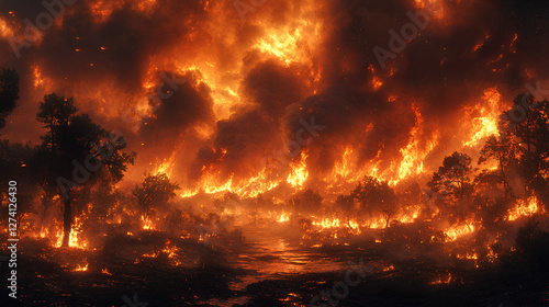 A catastrophic firestorm sweeps across a national park  reducing centuries-old trees to charred skeletons. the devastation of nature in Ultra-HD format. Cinematic realism 8K