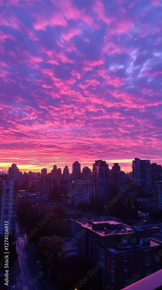 Fototapeta premium Vibrant Pink Sunset over Vancouver Skyline