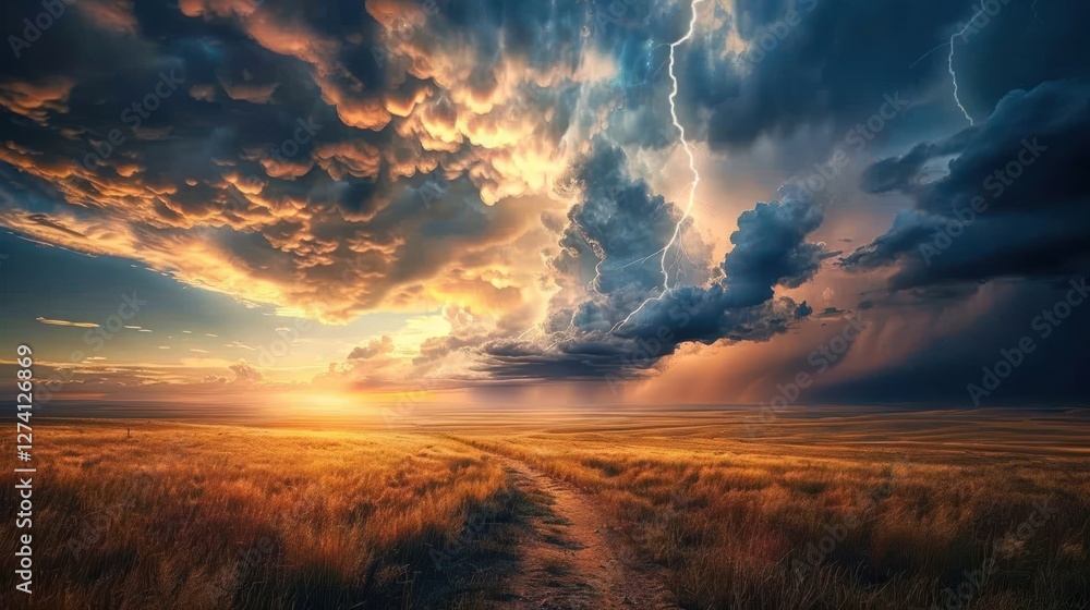 Fototapeta premium Dramatic sunset over a field with dark clouds and lightning illuminating the sky.