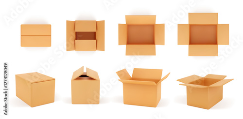 Empty open and closed cardboard boxes. Vector in realistic style, isolated mockup of parcels for shipment and delivery. Packages top and side view. Merchandise and retail, shop transportation
