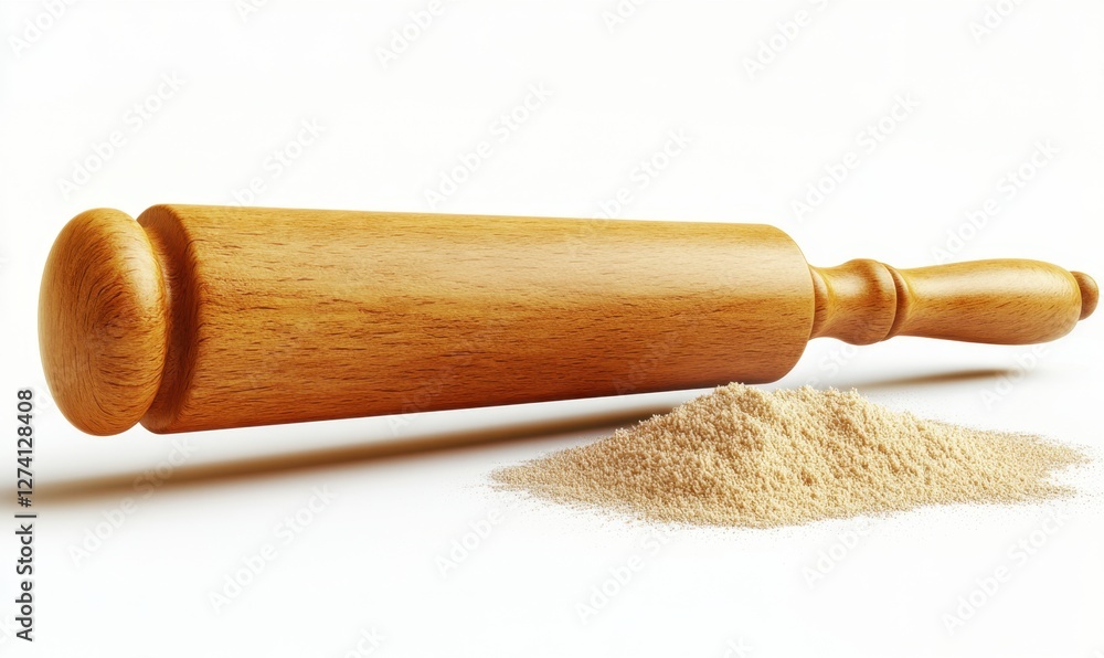 Fototapeta premium Wooden rolling pin resting beside a mound of flour on a clean surface, ready for baking