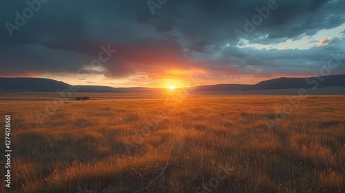 A stunning sunset over a grassy landscape, highlighting nature's beauty and tranquility.