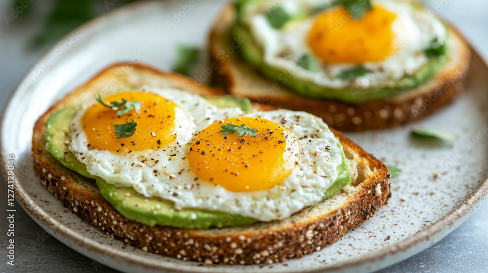 Trendy breakfast featuring avocado toast on minimalist plate with fresh basil and sesame seeds at modern cafe setting Trendy breakfast featuring avocado toast on minimalist plate with fresh basil and sesame seeds at modern cafe setting