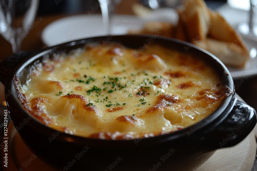 Golden cheesy gratin baked to perfection in a brown ceramic dish Golden cheesy gratin baked to perfection in a brown ceramic dish