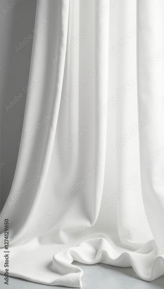 Subtle white textured drapes, graceful cascade , home decor, studio Subtle white textured drapes, graceful cascade , home decor, studio