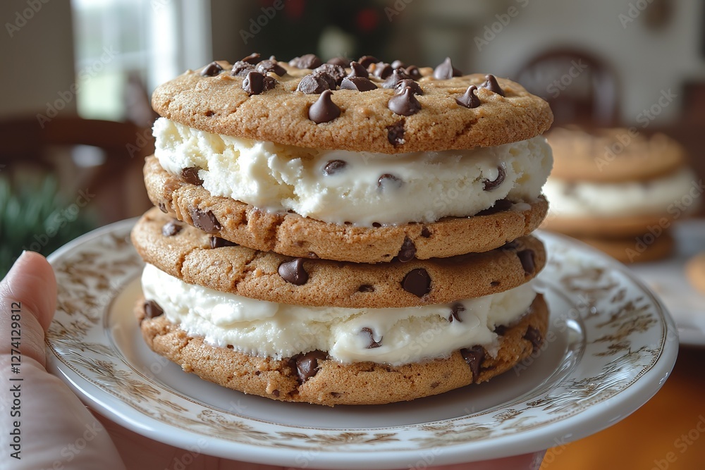 Stacked cookie sandwiches filled with creamy vanilla ice cream adorned with chocolate chips on a decorative plate Stacked cookie sandwiches filled with creamy vanilla ice cream adorned with chocolate chips on a decorative plate