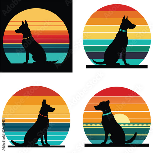 Retro Sunset Dog Silhouette  Vintage Beach Vibes in Stunning Art