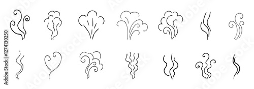 Steam smoke hand drawn line comic doodle. Aroma trail, cloud or wind silhouette. Smells hot air fragrance evaporate set. 