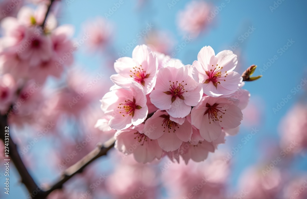 Obraz premium Close-up of pink cherry flowers in spring against a clear blue sky. Sakura blooms on a branch, floral springtime background. Beautiful petals, fresh vibrant colors.