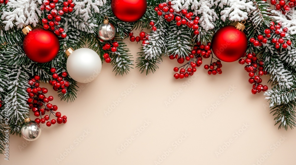 A festive holiday decoration with red and gold ornaments among pine branches and snowy accents A festive holiday decoration with red and gold ornaments among pine branches and snowy accents
