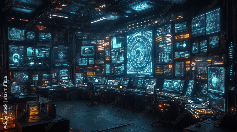 Fototapeta premium Futuristic Control Room: A Digital Fortress