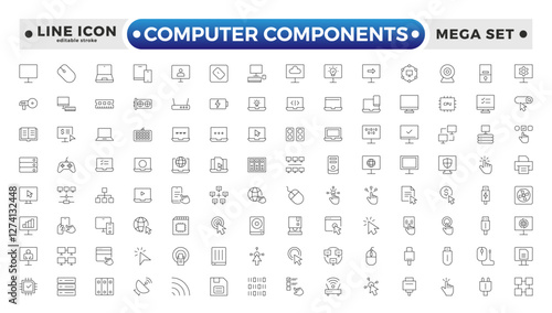 Computer components icon set. Contains online, computer, network, website, server, web design, hardware, software, and programming. Editable stroke outline icon. 
