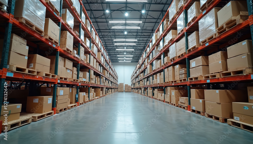 Perspective view of large warehouse with rows of shelves full of cardboard boxes on wooden pallets. Storage space optimization. Logistic distribution industrial storehouse stockroom interior. Perspective view of large warehouse with rows of shelves full of cardboard boxes on wooden pallets. Storage space optimization. Logistic distribution industrial storehouse stockroom interior.