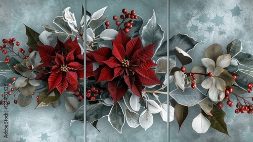 Festive floral arrangement with red poinsettias and winter greenery on a textured background photo