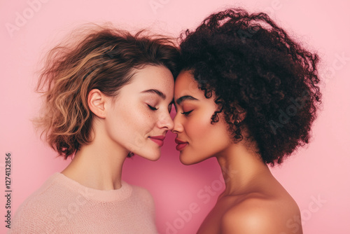 Affectionate couple of women in love about to kiss, isolated background valentines day