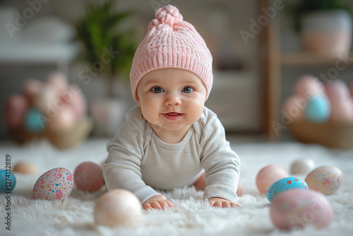 A baby dressed in an Easter...