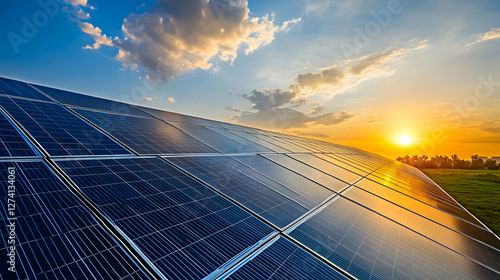 Solar Panel Array at Sunset Generating Clean Energy Power Naturally