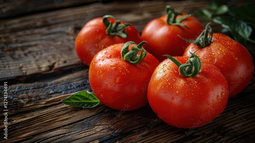Fresh red tomatoes with droplets on a wooden surface, showcasing natural produce. Fresh red tomatoes with droplets on a wooden surface, showcasing natural produce.