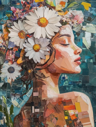 Captivating Portrait of a Woman Adorned with an Abundance of Lush Floral Elements Blending Abstract Art and Trendy Paper Collage Techniques in a Vibrant Composition