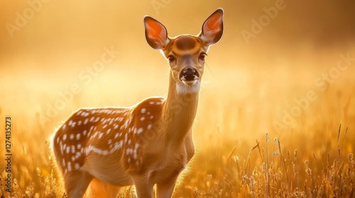 Fawn in golden light meadow; wildlife subject; nature scene; possible use in nature, wildlife or outdoors publications photo