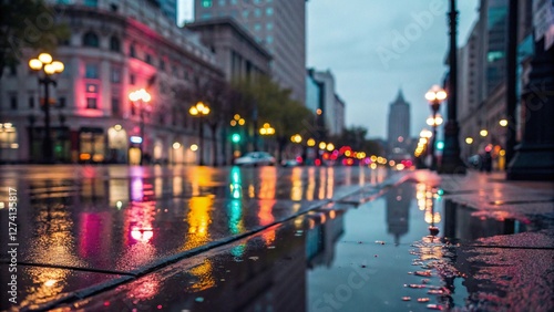 Vibrant nighttime city street scene after rain, with colorful reflections of street lights and buildings shimmering on the wet pavement. Moody and atmospheric urban landscape