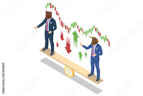 Isometric vector illustration of a stock market seesaw with a bull and bear trader balancing on a dollar coin. Market volatility is depicted with rising and falling candlestick charts and arrows.