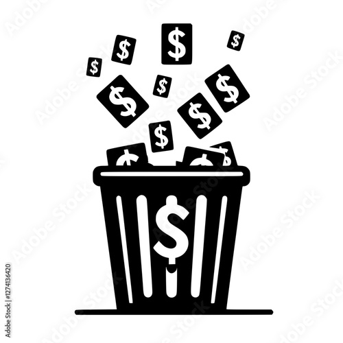 Dollar symboks going to trash bin, black and white vector image