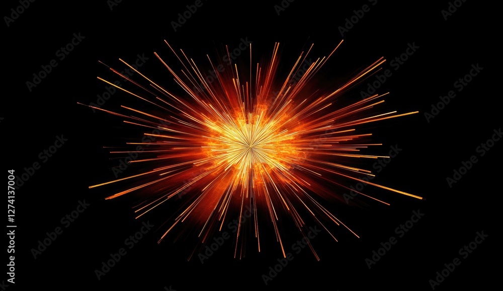 A burst of light rays radiating outward from the center, resembling an explosion or laser beam, with orange and red colors against a black background A burst of light rays radiating outward from the center, resembling an explosion or laser beam, with orange and red colors against a black background