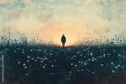 A solitary figure walks towards a sunset through a field of daisies, evoking a sense of peace and solitude.