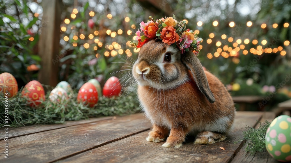 A bunny with a floral crown surrounded by colorful Easter eggs and twinkling lights. A bunny with a floral crown surrounded by colorful Easter eggs and twinkling lights.