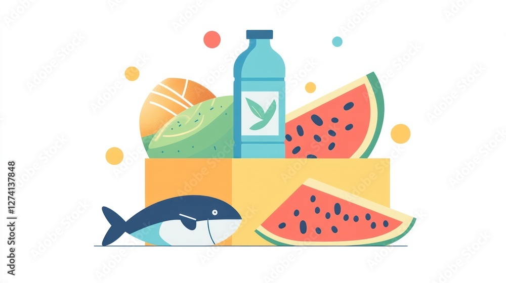 Naklejka premium Healthy summer picnic box with fruit, fish, and water