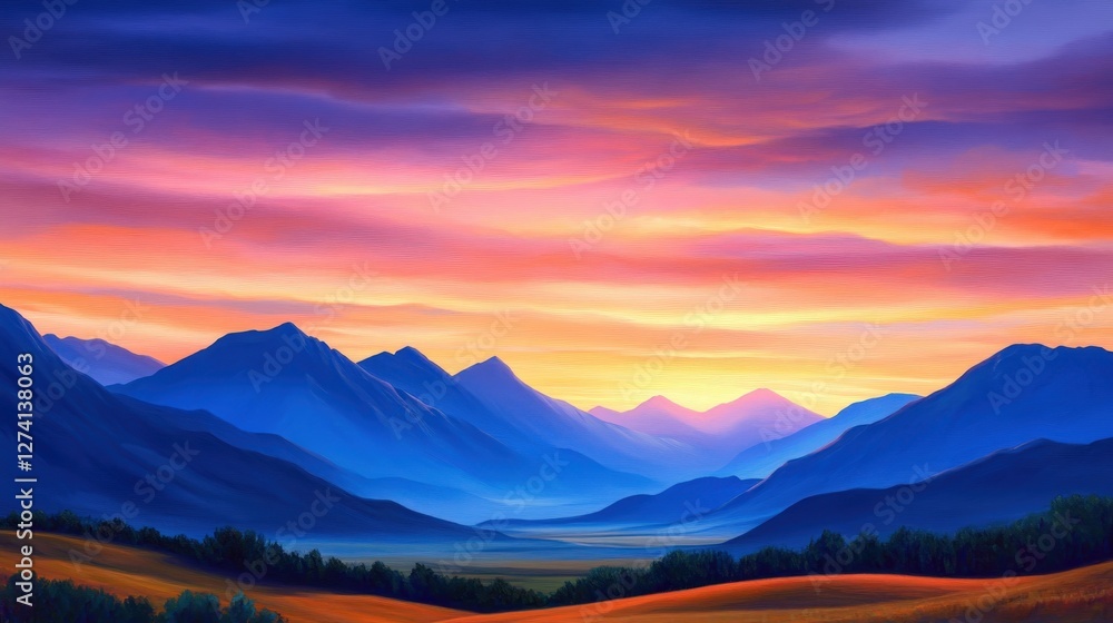 Fototapeta premium A breathtaking view of rolling mountains at sunset, showcasing vibrant hues of orange, purple, and blue