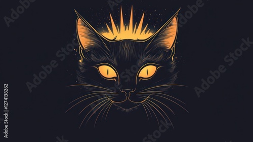 Mystical black cat portrait, digital art, glowing eyes