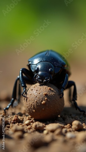 Shiny black dung beetle pushing large dung ball across ground, scarab, wild animal, macro photo